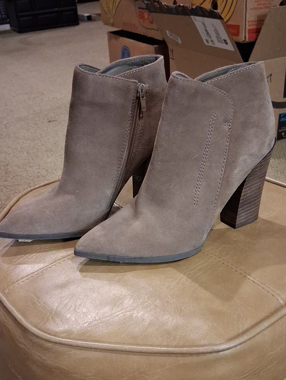 GUESS Women’s Taupe Suede Pointed Toe Ankle Booties